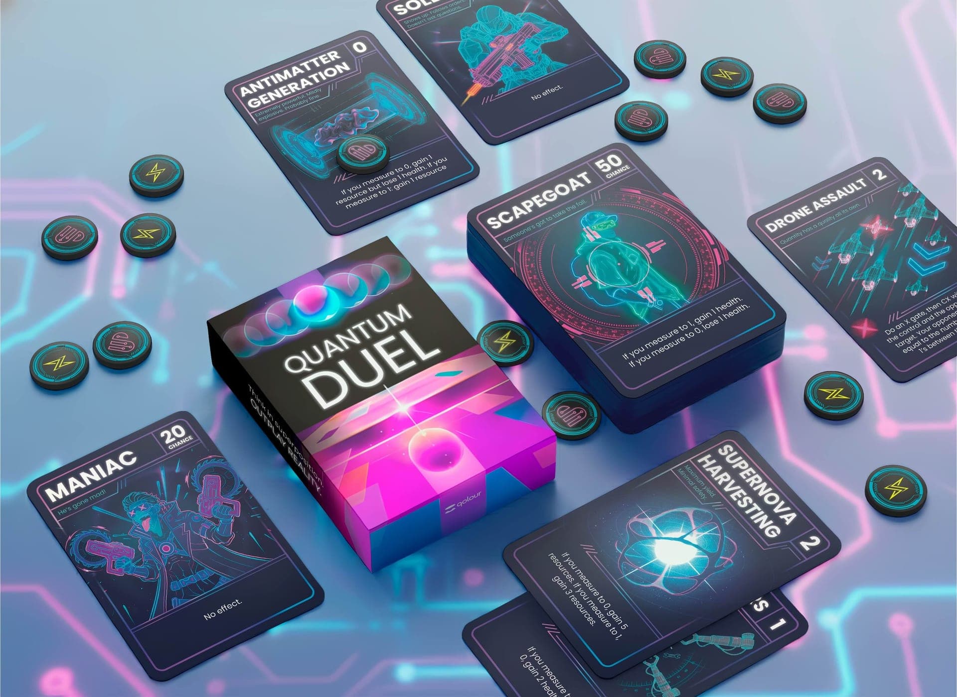 Quantum Duel card game box with cards spread out