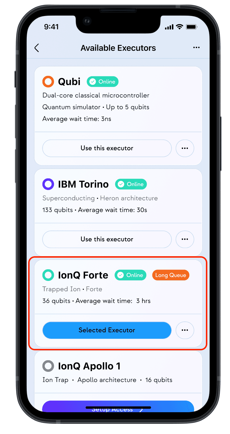 Selecting an executor in the Qubi app